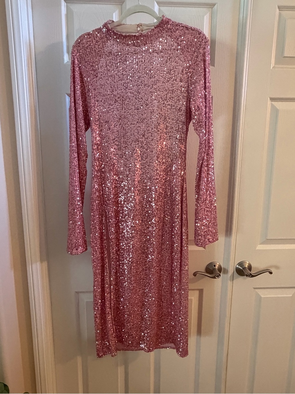 East n West Label Sequin Long-Sleeve Midi Dress in Pink